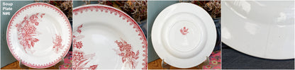 French Antique Ironstone Red Transferware Soup Plate MARGOT Coq Motif Saint Amandinoise Terre de fer