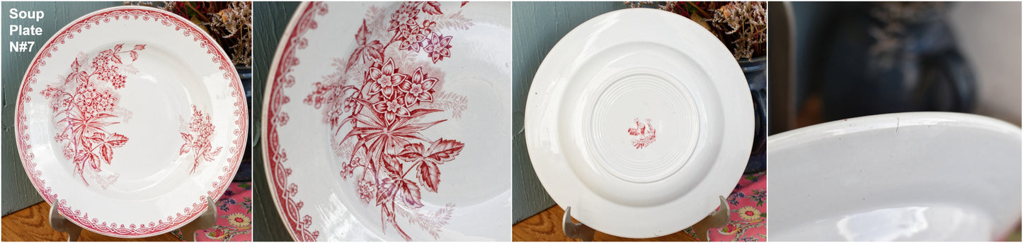 French Antique Ironstone Red Transferware Soup Plate MARGOT Coq Motif Saint Amandinoise Terre de fer