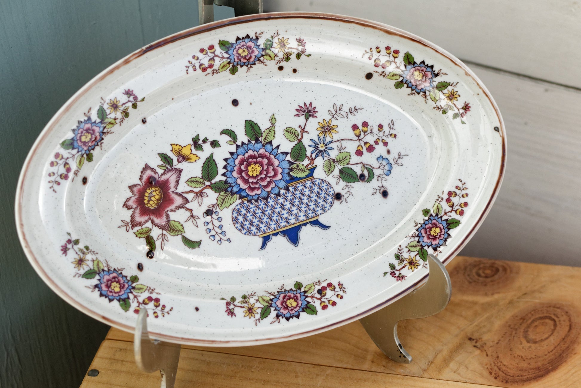 French Vintage Ironstone Floral Oval Smalll Serving Plate Ravier Sarreguemines Terre de Fer Faiecne