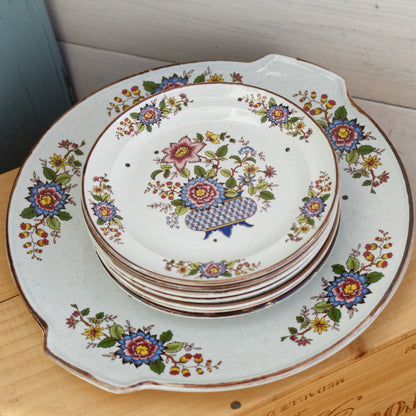 French Ironstone ECLATS Motif SARREGUEMINES France Floral Cake Service Terre de Fer Faience