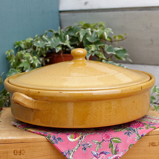 French Vintage glazed sandstone/enameled stoneware Flat Round Serving Casserole Dish Pan Bowl