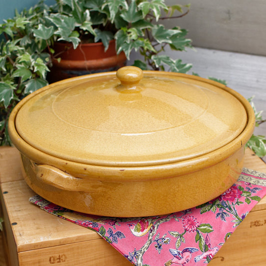 French Vintage glazed sandstone/enameled stoneware Flat Round Serving Casserole Dish Pan Bowl  Terre Cuite