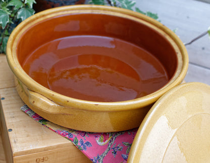 French Vintage glazed sandstone/enameled stoneware Flat Round Serving Casserole Dish Pan Bowl 