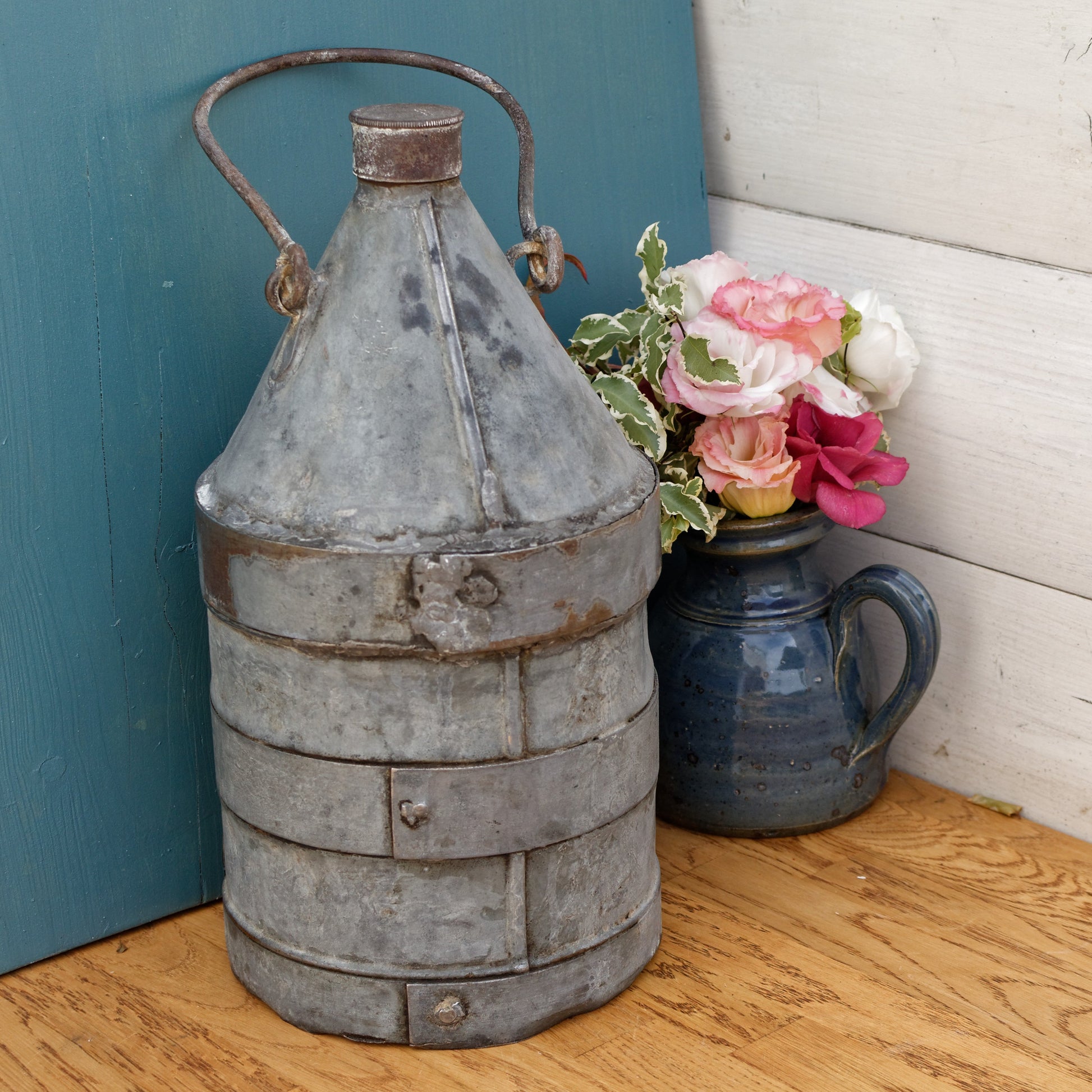 French Antique Fuel (Oil, Gas, Kerosene) Canister ESTABLISSEMENT LORIN Galvanzied Zinc Metal Oil Can