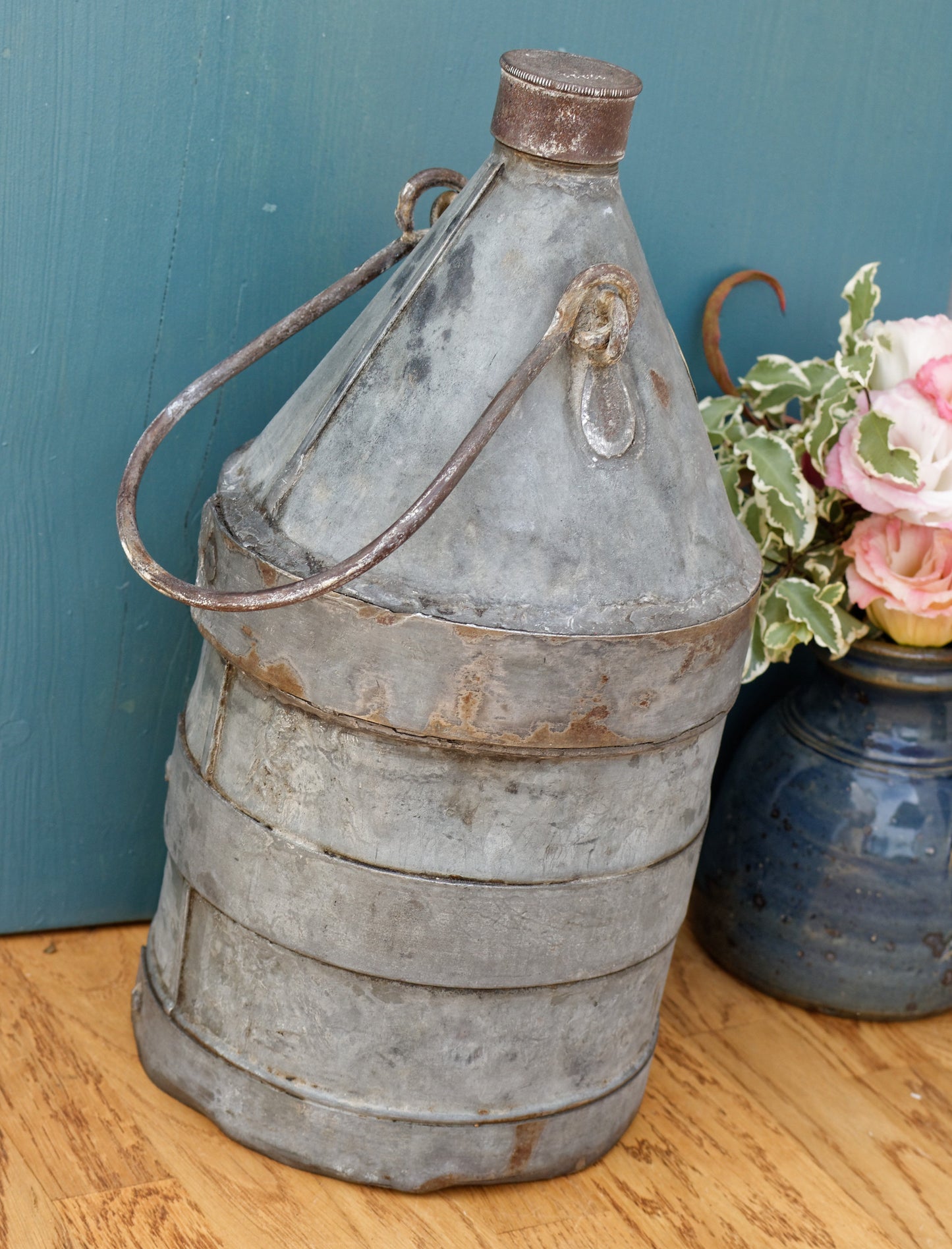 French Antique Fuel (Oil, Gas, Kerosene) Canister ESTABLISSEMENT LORIN Galvanzied Zinc Metal Oil Can
