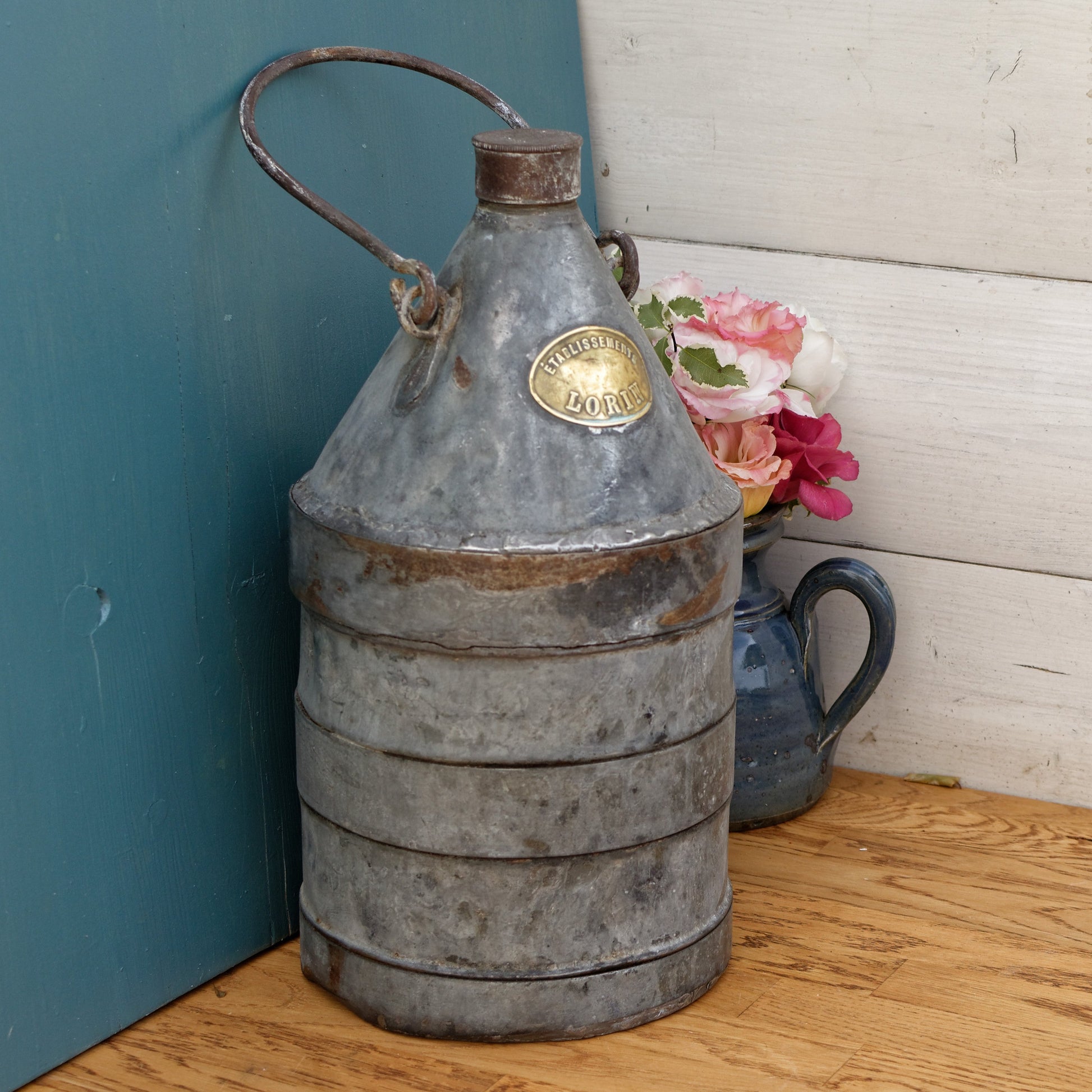 French Antique Fuel (Oil, Gas, Kerosene) Canister ESTABLISSEMENT LORIN Galvanzied Zinc Metal Oil Can