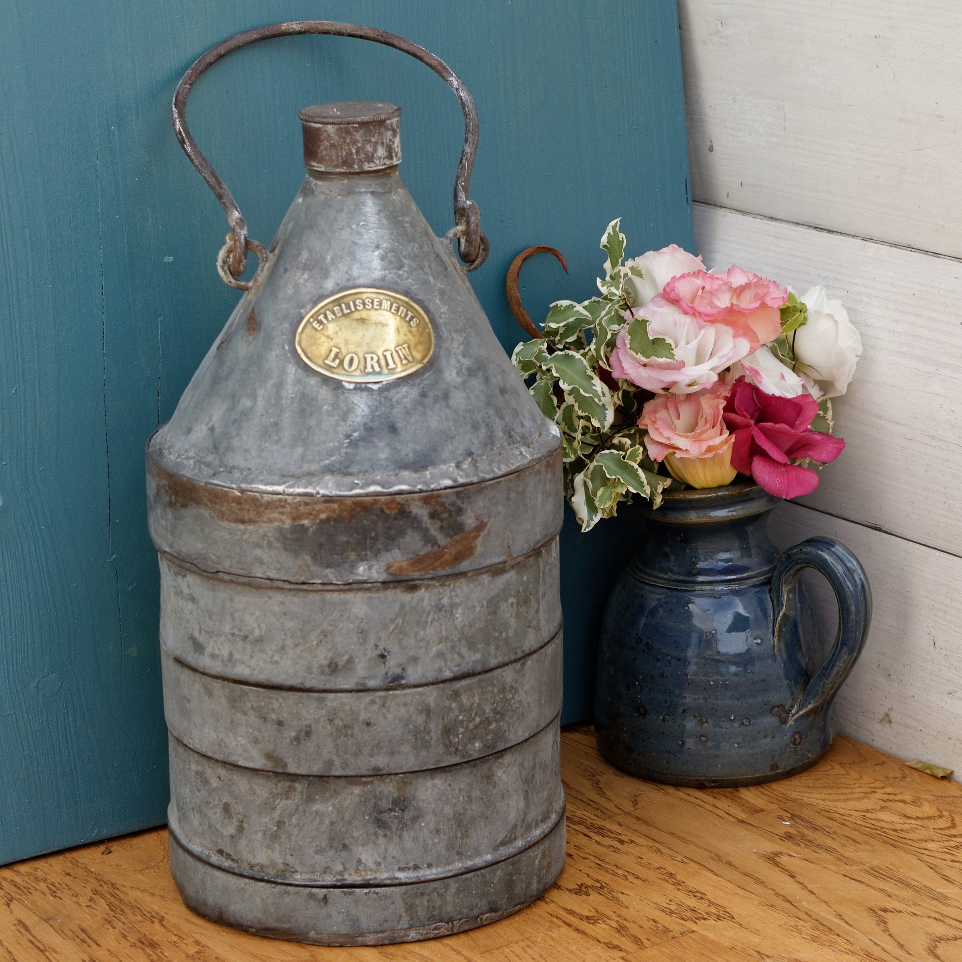 French Antique Fuel (Oil, Gas, Kerosene) Canister ESTABLISSEMENT LORIN Galvanzied Zinc Metal Oil Can