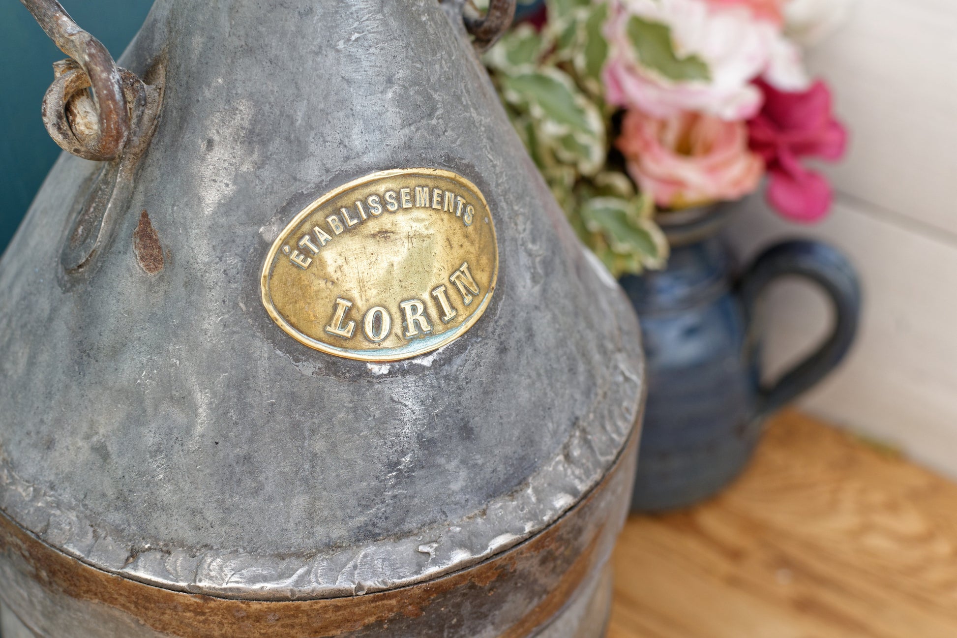 French Antique Fuel (Oil, Gas, Kerosene) Canister ESTABLISSEMENT LORIN Galvanzied Zinc Metal Oil Can