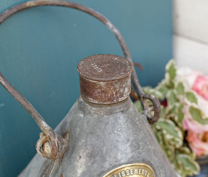 French Antique Fuel (Oil, Gas, Kerosene) Canister ESTABLISSEMENT LORIN Galvanzied Zinc Metal Oil Can