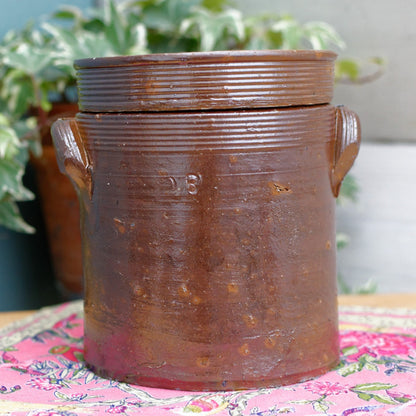 French Vintage Saloir Antique Dark Brown Stoneware Lidded Pot Glazed Sandstone Terre Cuite