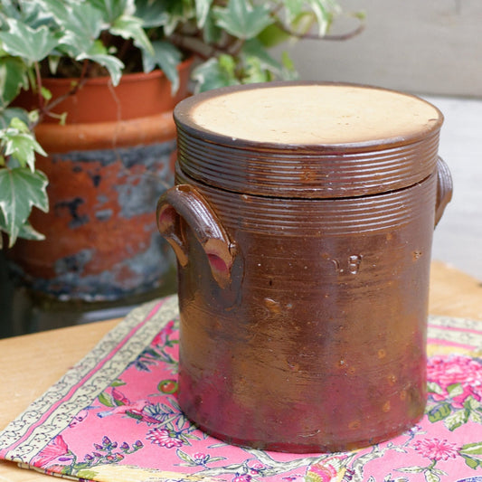 French Vintage Saloir Antique Dark Brown Stoneware Lidded Pot Glazed Sandstone Terre Cuite