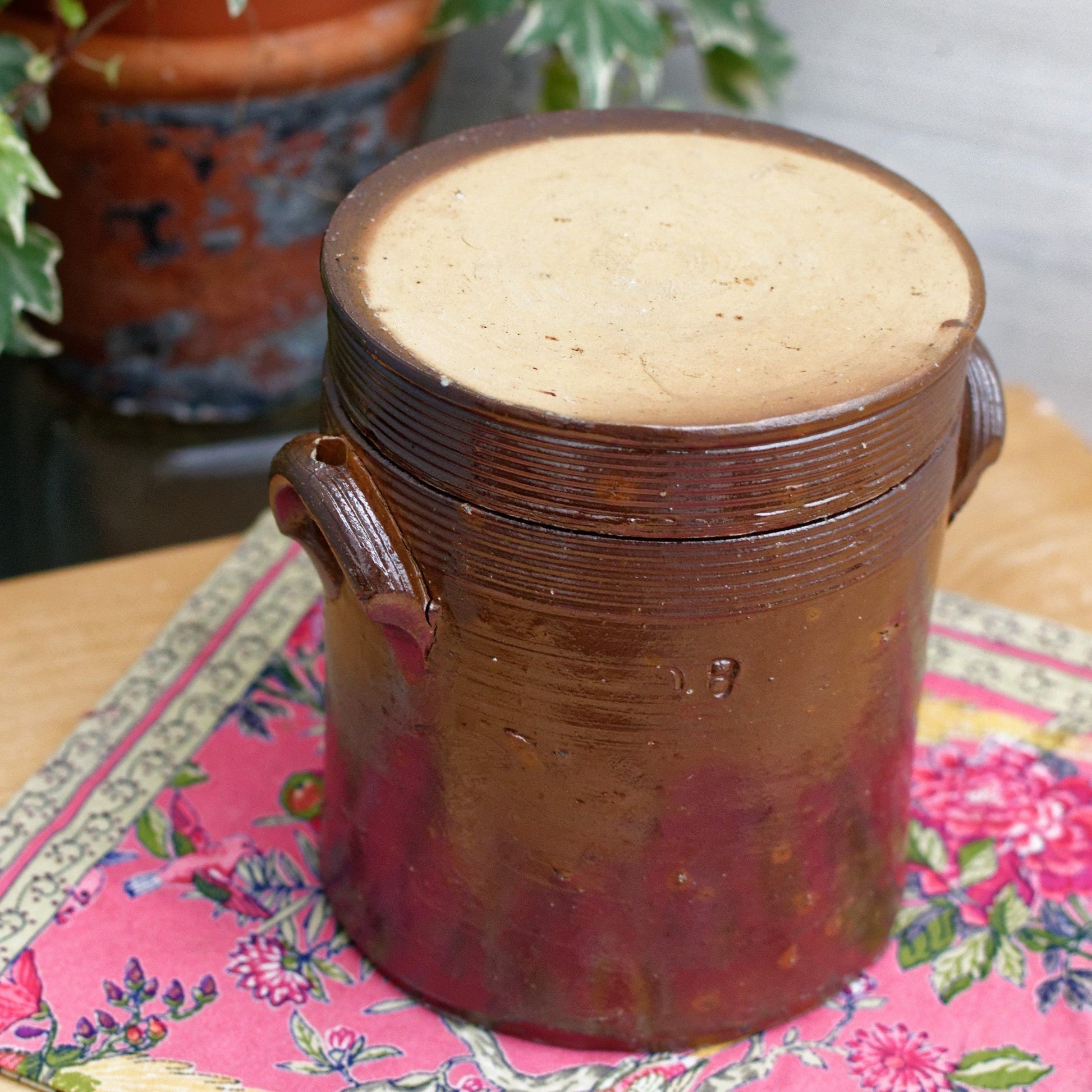 French Vintage Saloir Antique Dark Brown Stoneware Lidded Pot Glazed Sandstone Terre Cuite