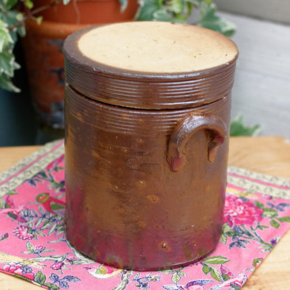 French Vintage Saloir Antique Dark Brown Stoneware Lidded Pot Glazed Sandstone Terre Cuite