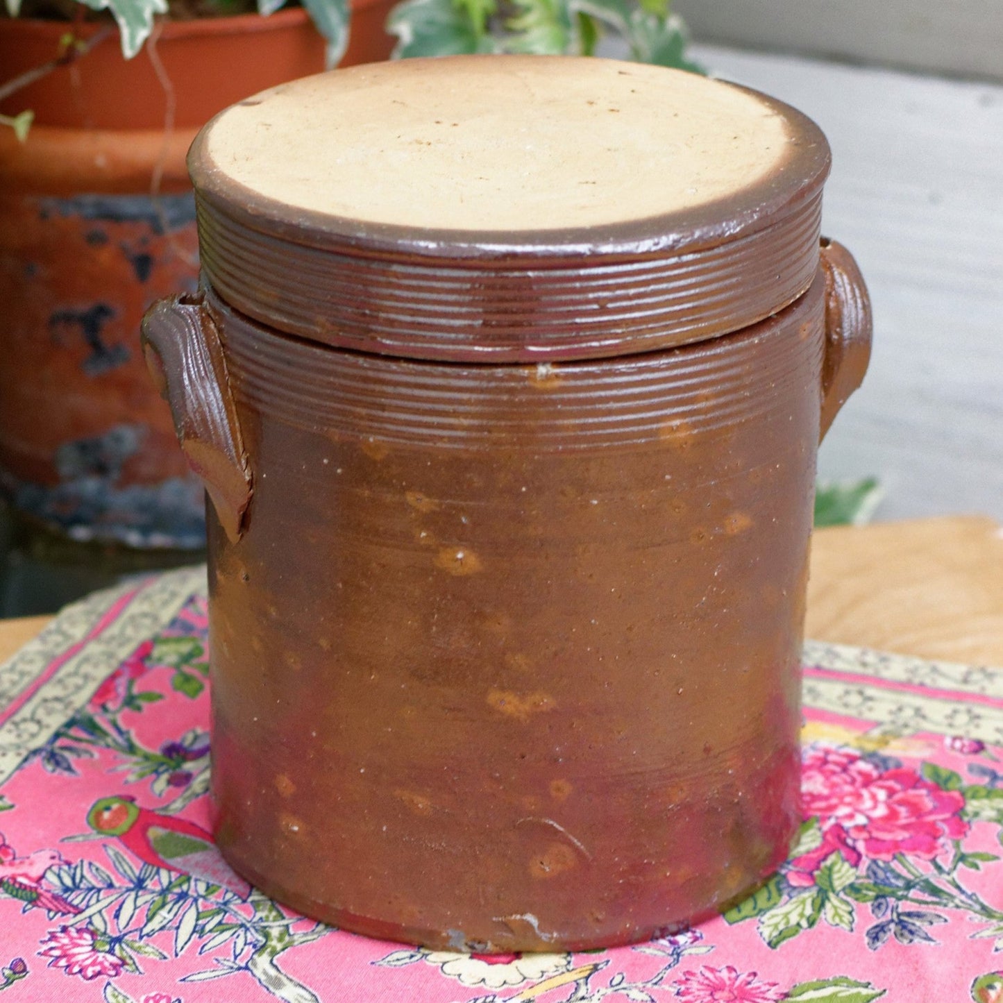 French Vintage Saloir Antique Dark Brown Stoneware Lidded Pot Glazed Sandstone Terre Cuite