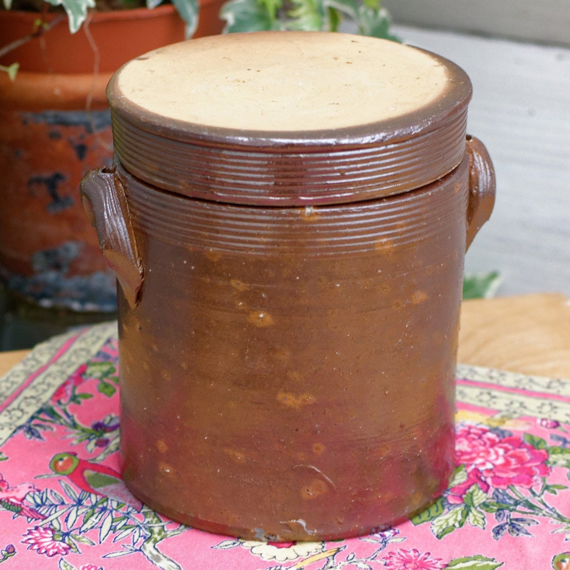 French Vintage Saloir Antique Dark Brown Stoneware Lidded Pot Glazed Sandstone Terre Cuite