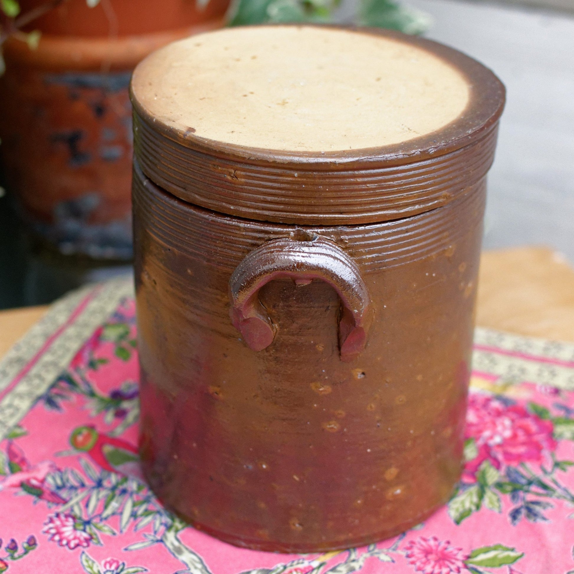 French Vintage Saloir Antique Dark Brown Stoneware Lidded Pot Glazed Sandstone Terre Cuite