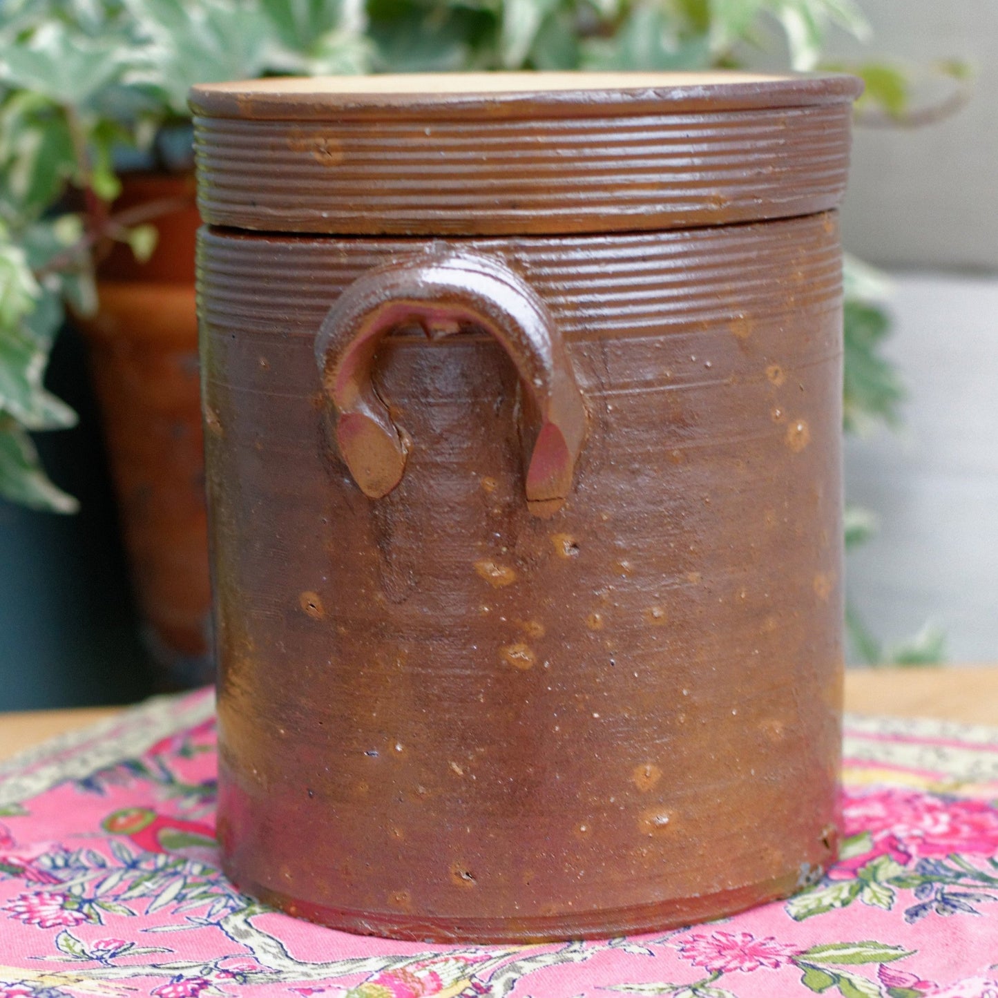 French Vintage Saloir Antique Dark Brown Stoneware Lidded Pot Glazed Sandstone Terre Cuite