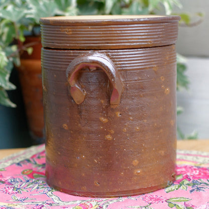 French Vintage Saloir Antique Dark Brown Stoneware Lidded Pot Glazed Sandstone Terre Cuite