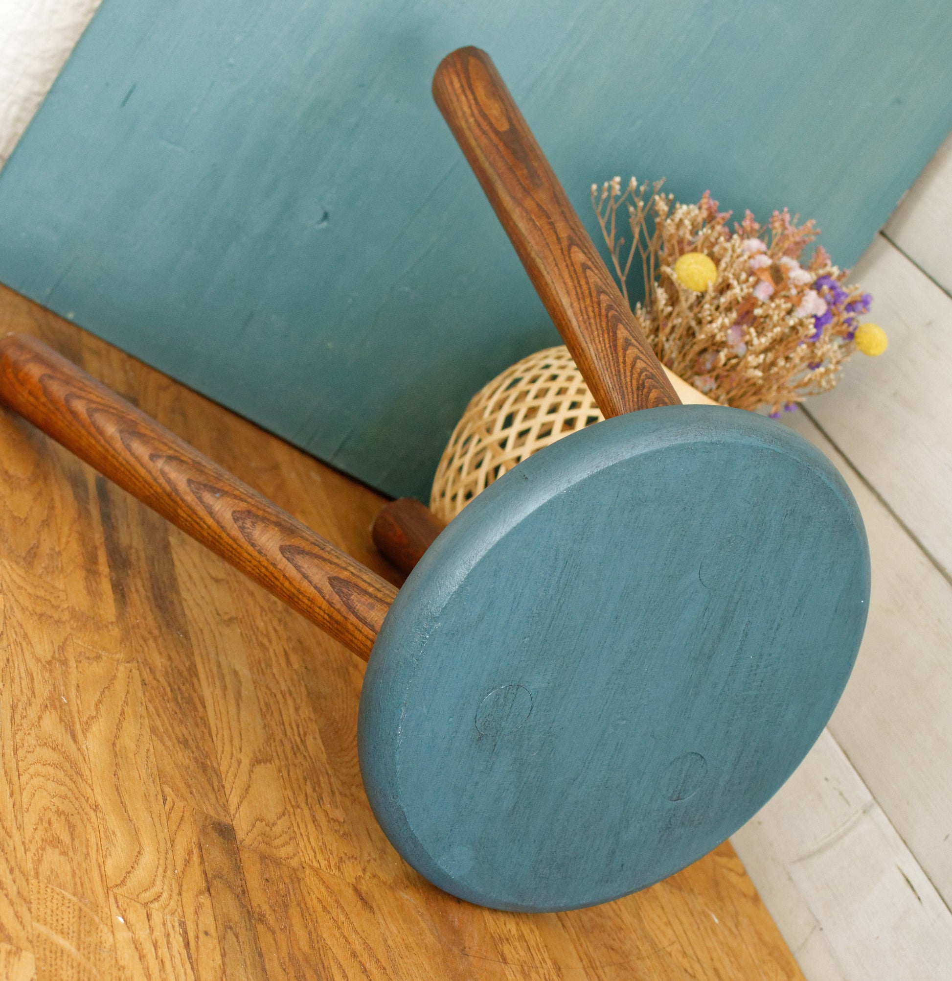 French Vintage Round Wooden Stool Solid Wood Three Legged Farm Milk Stool Refurbished