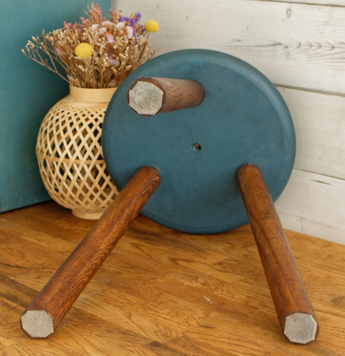 French Vintage Round Wooden Stool Solid Wood Three Legged Farm Milk Stool Refurbished