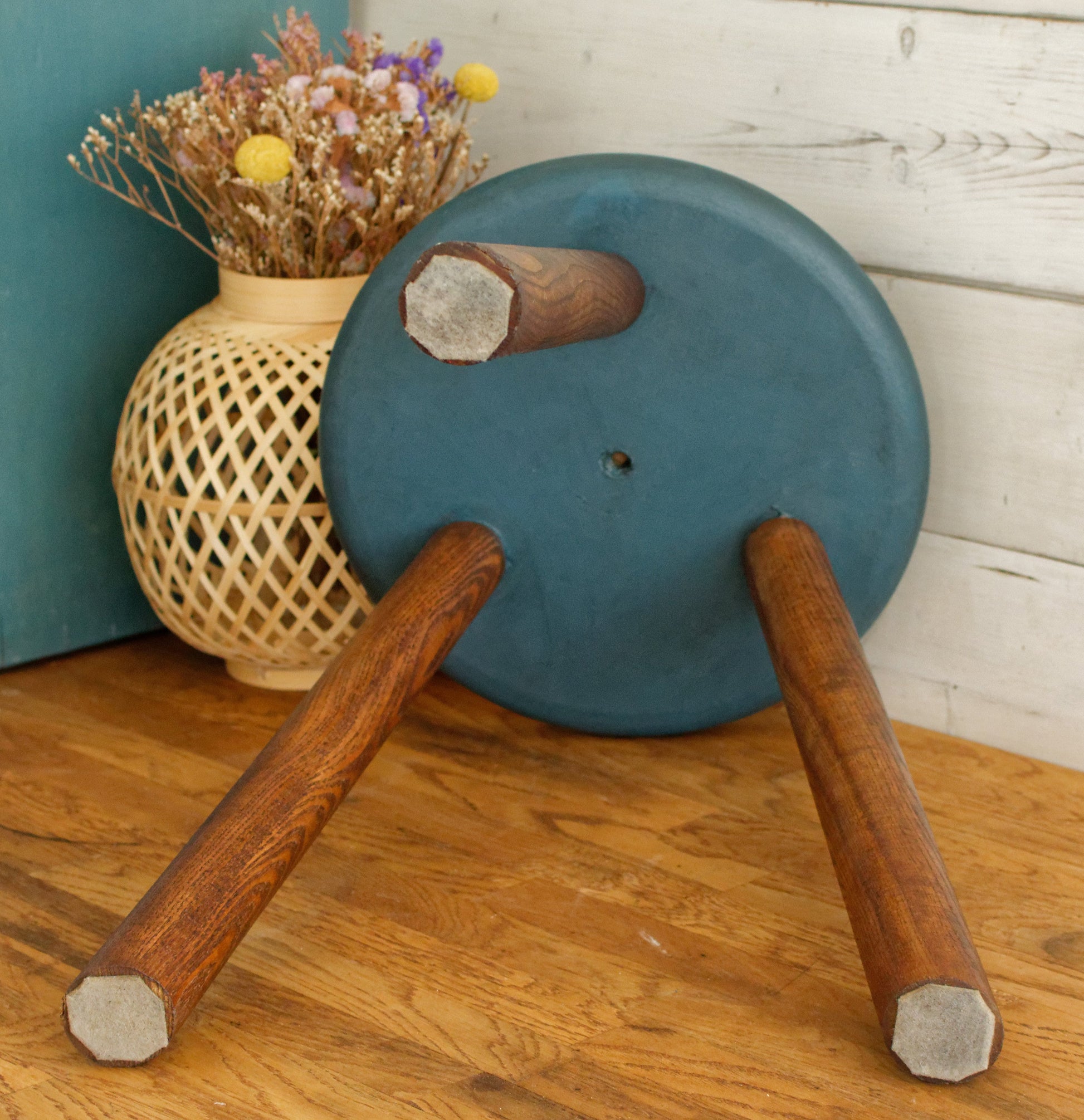 French Vintage Round Wooden Stool Solid Wood Three Legged Farm Milk Stool Refurbished