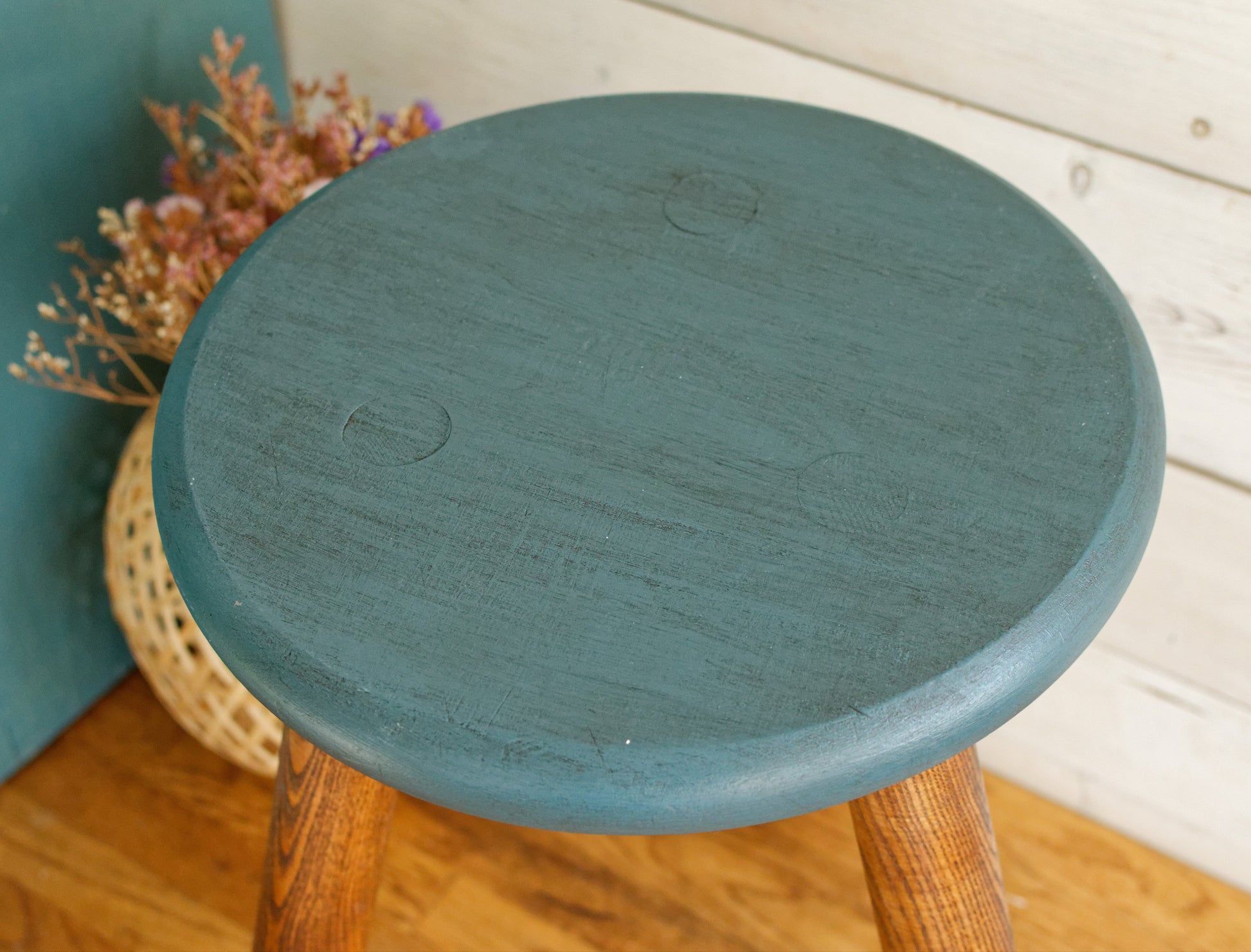 French Vintage Round Wooden Stool Solid Wood Three Legged Farm Milk Stool Refurbished