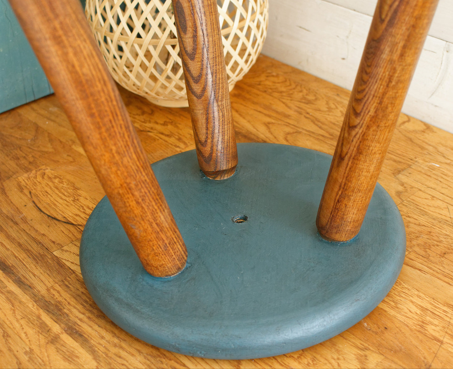 French Vintage Round Wooden Stool Solid Wood Three Legged Farm Milk Stool Refurbished