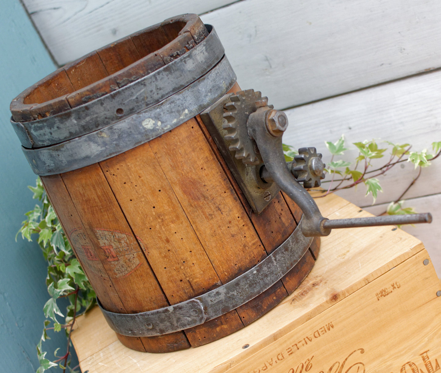 Baratte Brevetee Fabrication PERLOR Francaise French Antique Wooden Butter Churn