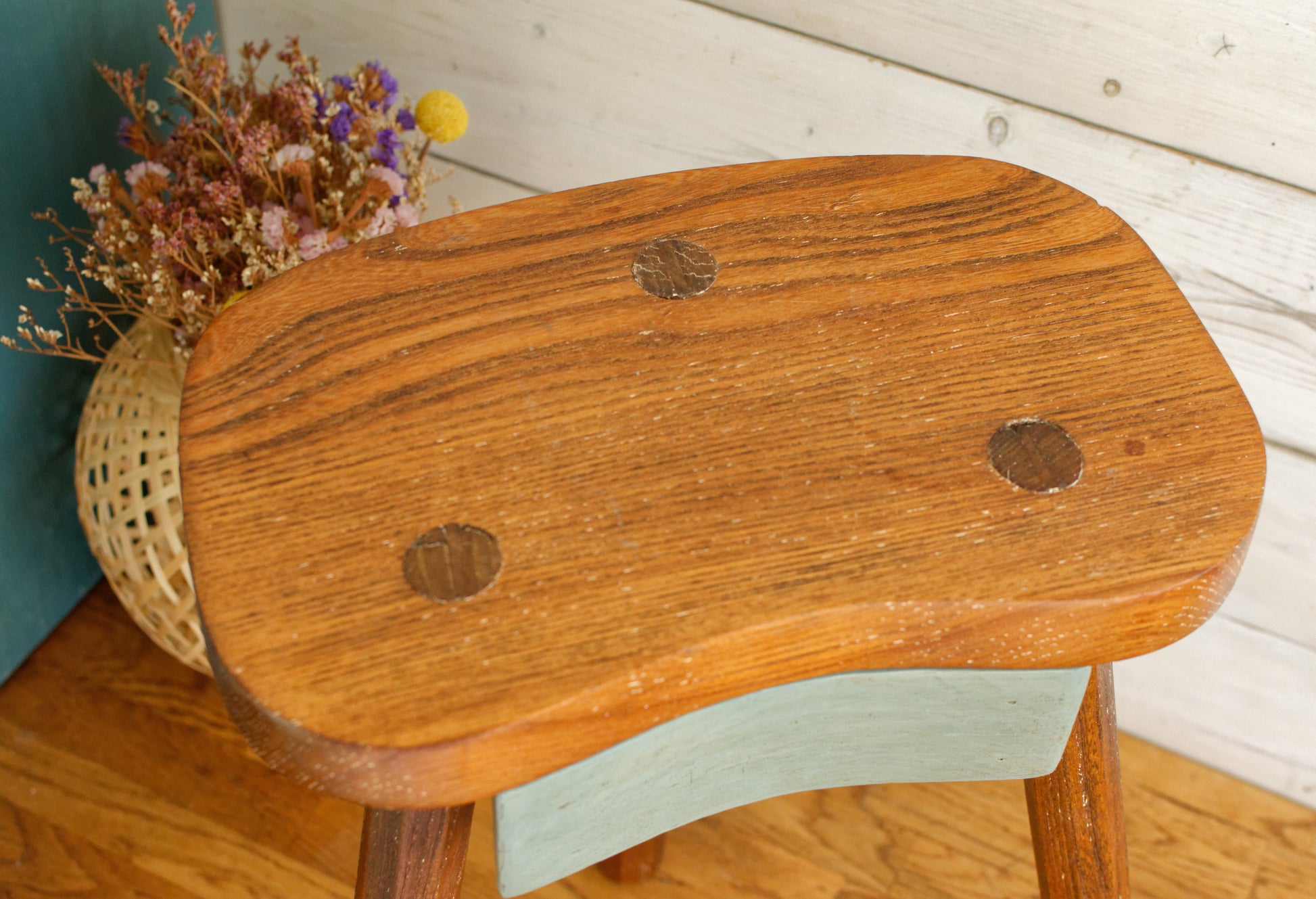French Vintage Handmade 3 Legged Wooden Stool with Small Storage Drawer Decorative Tripod Farmhouse Milk Stool Refurbished