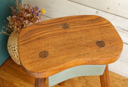 French Vintage Handmade 3 Legged Wooden Stool with Small Storage Drawer Decorative Tripod Farmhouse Milk Stool Refurbished