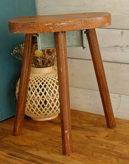French Vintage Handmade 3 Legged Wooden Stool with Small Storage Drawer Decorative Tripod Farmhouse Milk Stool Refurbished