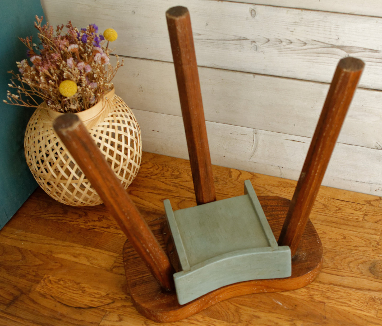 French Vintage Handmade 3 Legged Wooden Stool with Small Storage Drawer Decorative Tripod Farmhouse Milk Stool Refurbished