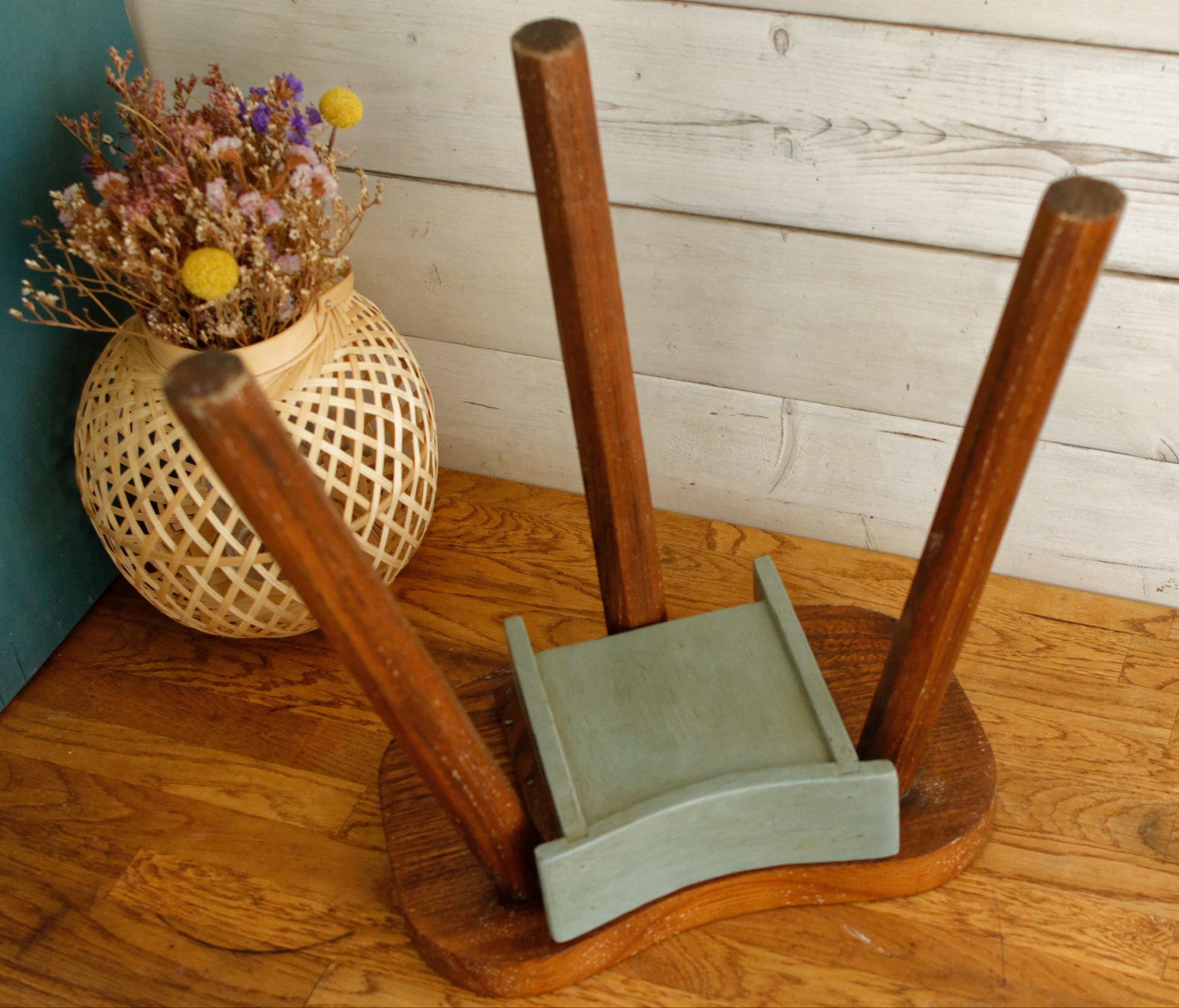 French Vintage Handmade 3 Legged Wooden Stool with Small Storage Drawer Decorative Tripod Farmhouse Milk Stool Refurbished