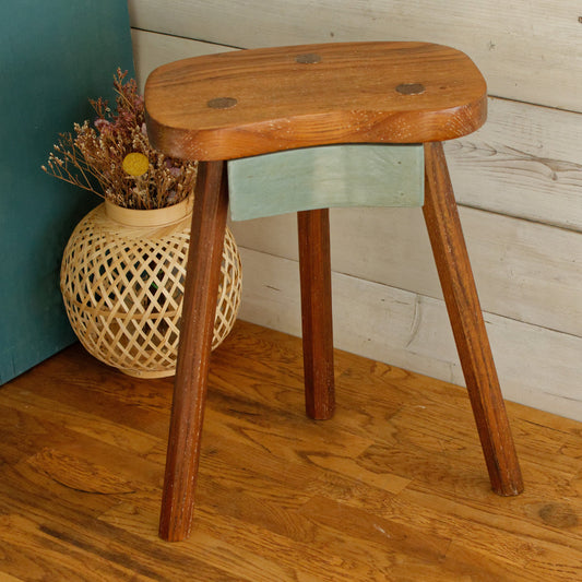French Vintage Handmade 3 Legged Wooden Stool with Small Storage Drawer Decorative Tripod Farmhouse Milk Stool Refurbished
