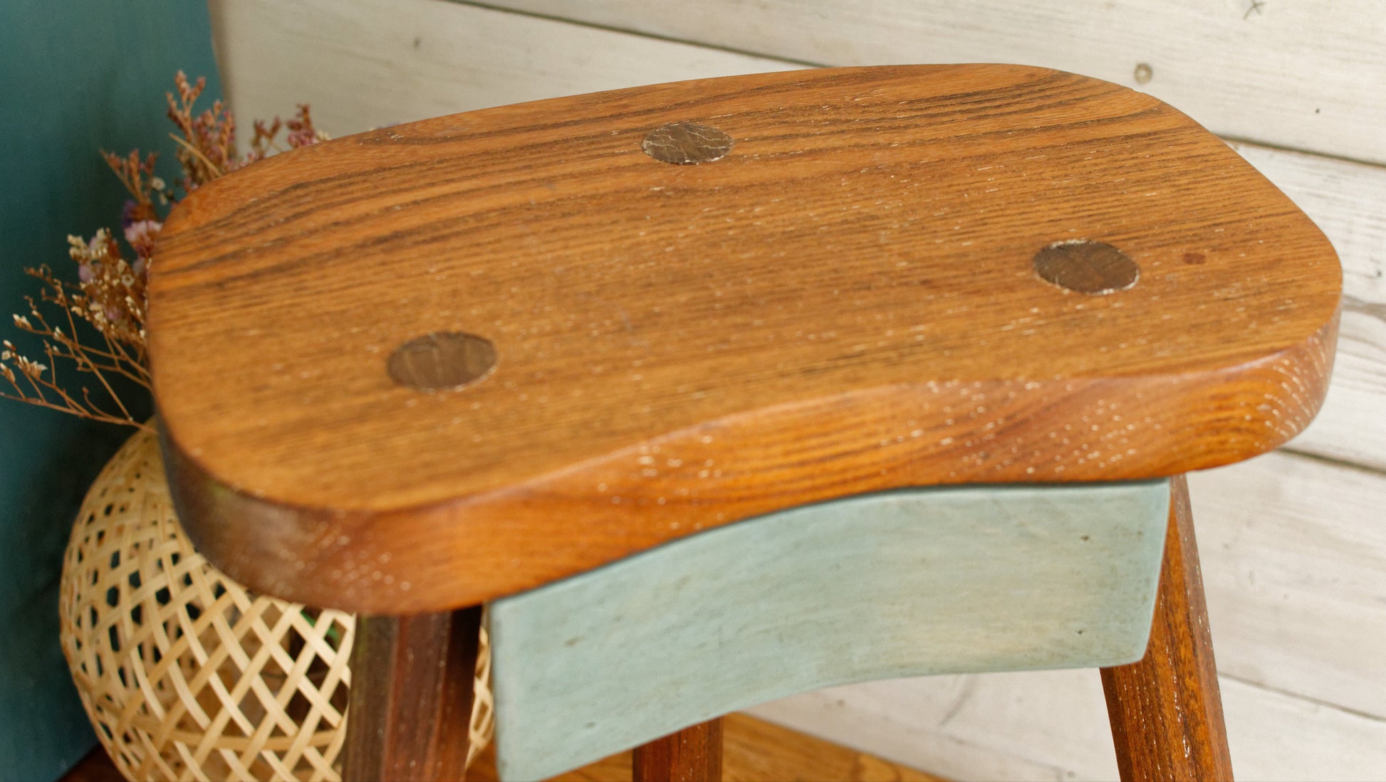 French Vintage Handmade 3 Legged Wooden Stool with Small Storage Drawer Decorative Tripod Farmhouse Milk Stool Refurbished