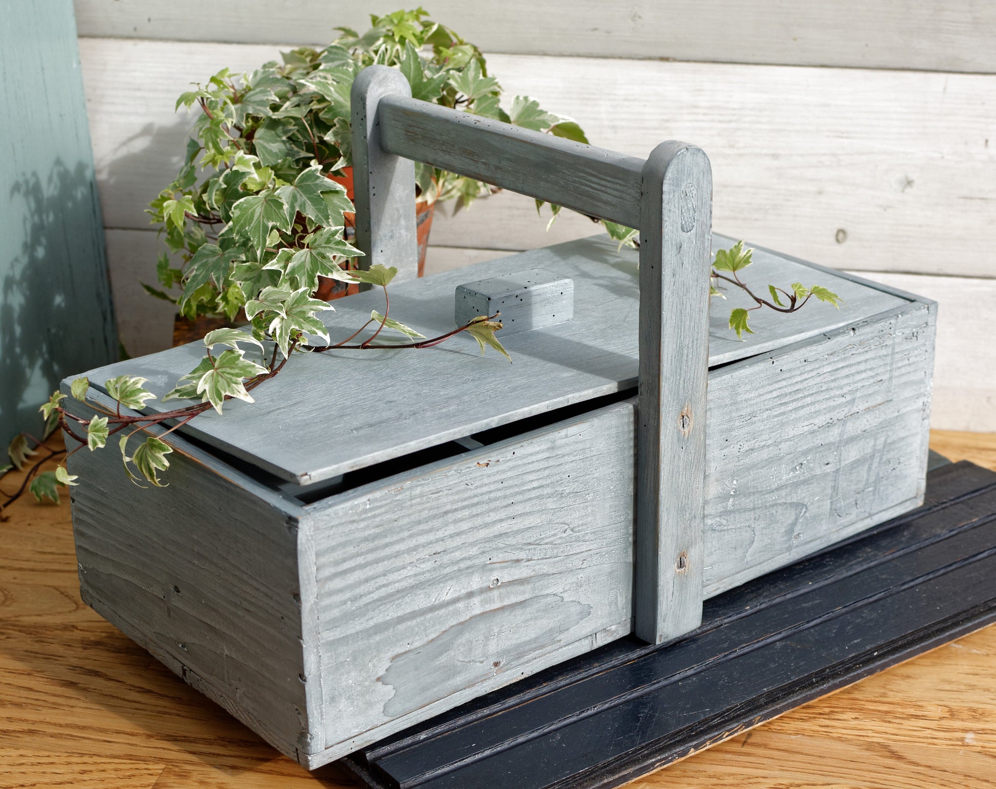 French Vintage Wooden Carrier with Compartments, Handle & Cover Farmhouse Storage Carrier RESTORED