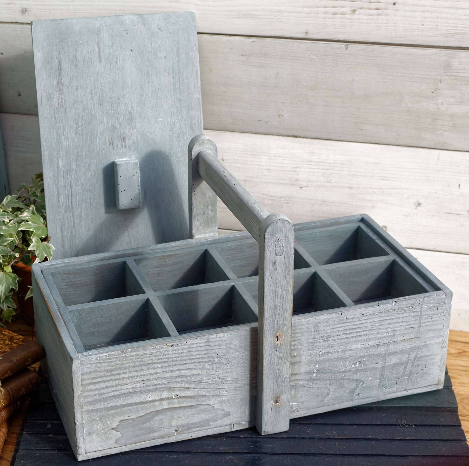 French Vintage Wooden Carrier with Compartments, Handle & Cover Farmhouse Storage Carrier RESTORED