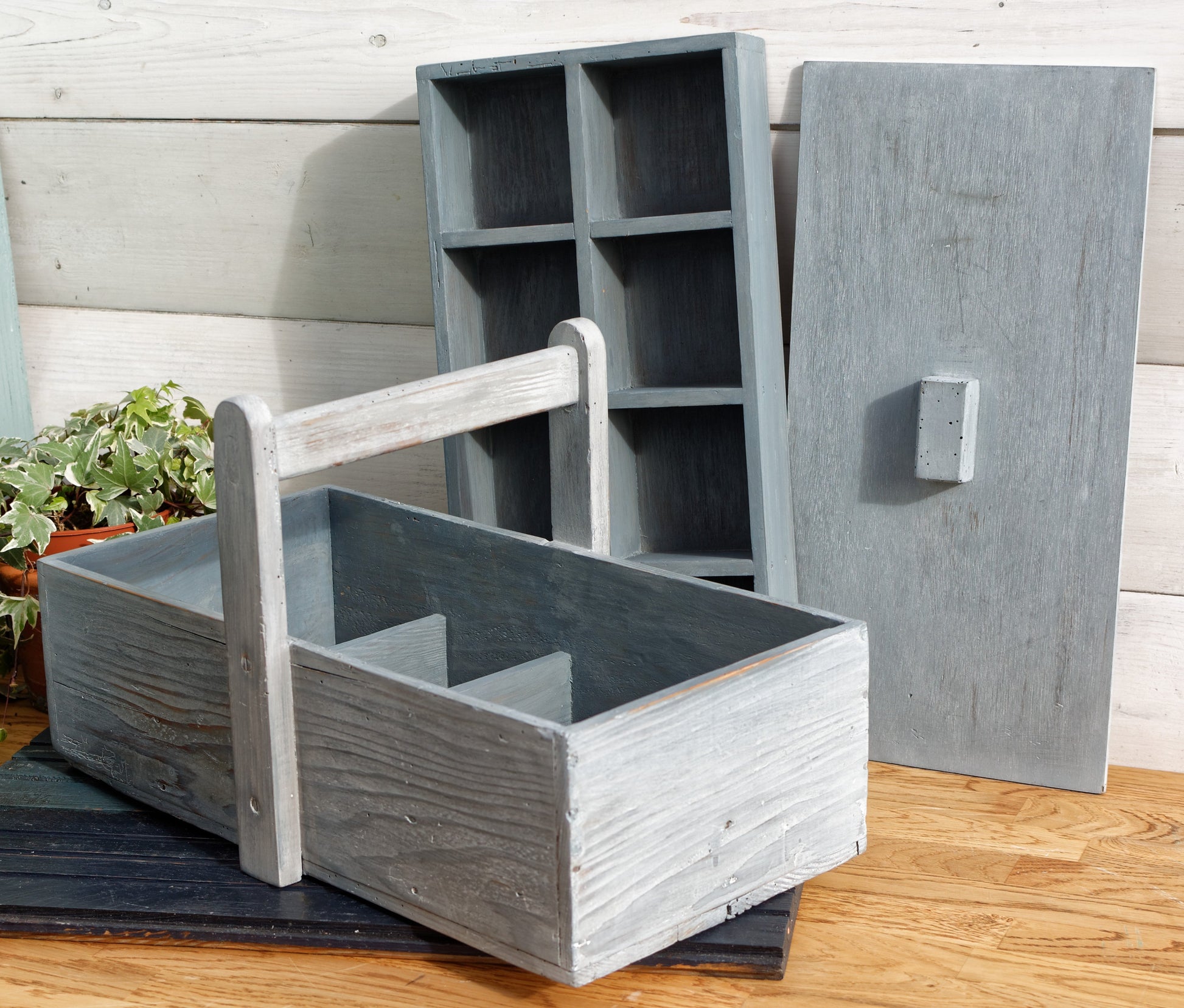 French Vintage Wooden Carrier with Compartments, Handle & Cover Farmhouse Storage Carrier RESTORED