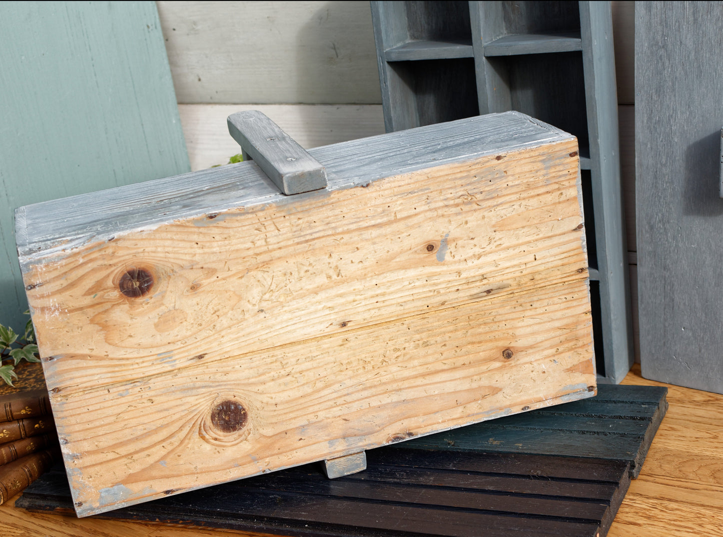 French Vintage Wooden Carrier with Compartments, Handle & Cover Farmhouse Storage Carrier RESTORED