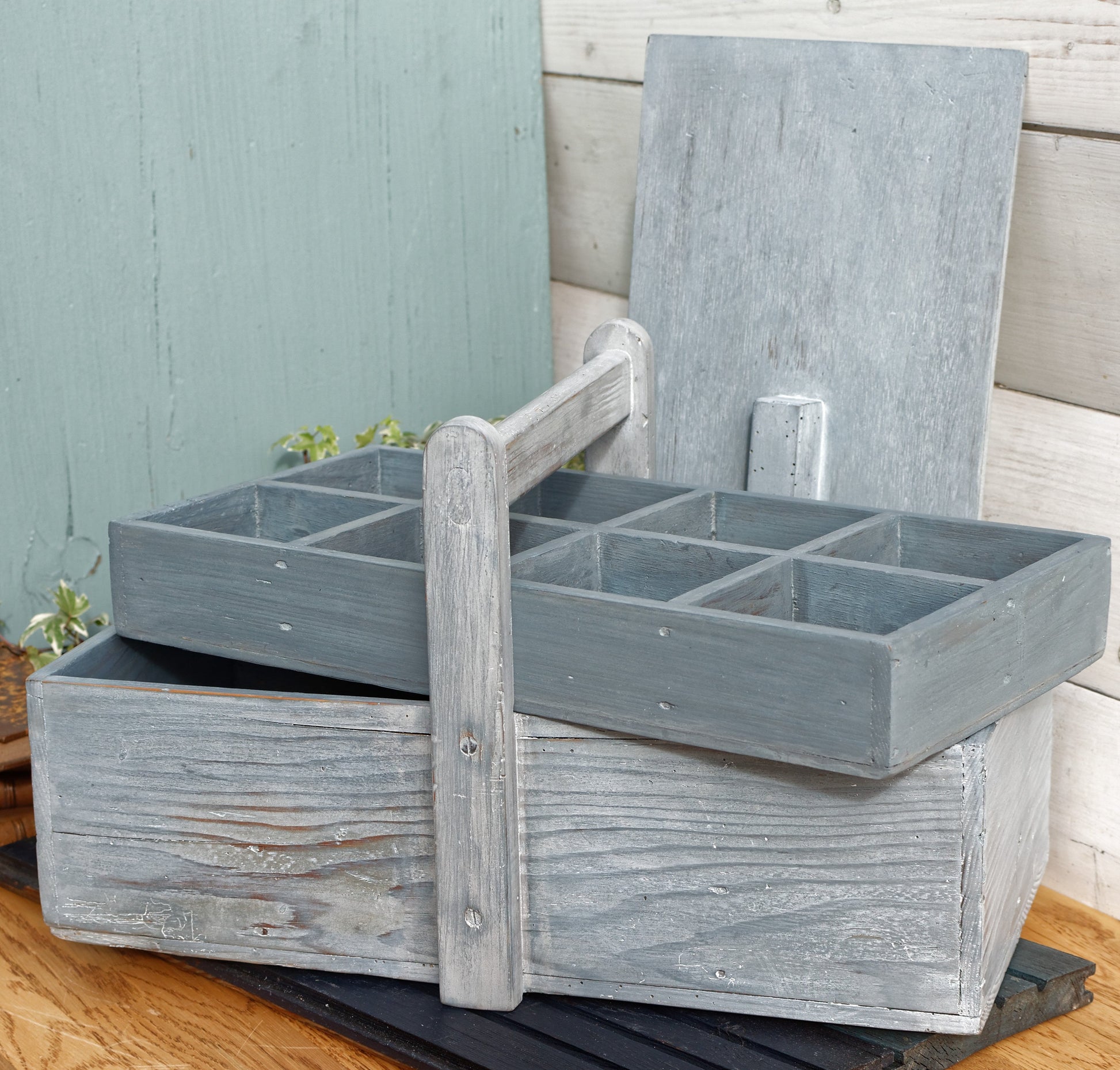 French Vintage Wooden Carrier with Compartments, Handle & Cover Farmhouse Storage Carrier RESTORED