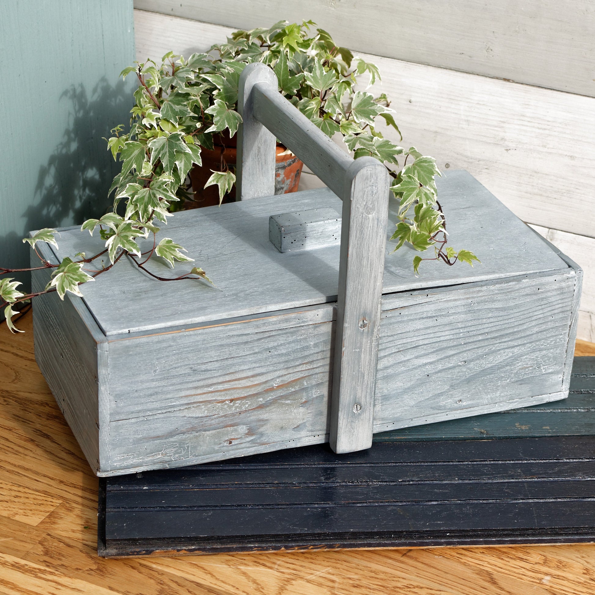 French Vintage Wooden Carrier with Compartments, Handle & Cover Farmhouse Storage Carrier RESTORED