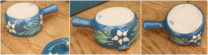 French Vintage Blue & Green Glazed Stoneware Covered Pot "POELON" Marmite ALSACE Terre de SOUFFLENHEIM IG FRIEDMANN Glazed Enameled Terre Cuites Vernissee