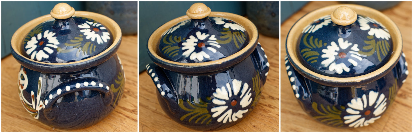 French Vintage Blue & Green Glazed Stoneware Covered Pot "POELON" Marmite ALSACE Terre de SOUFFLENHEIM IG FRIEDMANN Glazed Enameled Terre Cuites Vernissee
