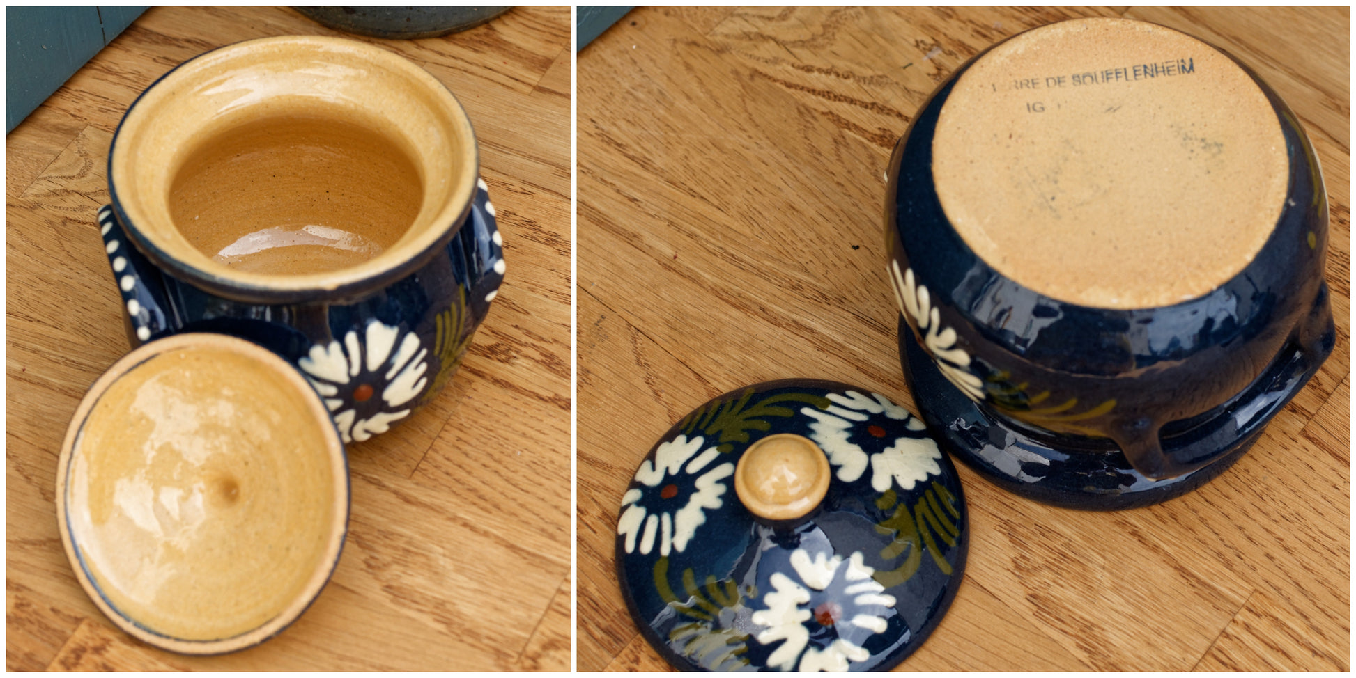 French Vintage Blue & Green Glazed Stoneware Covered Pot "POELON" Marmite ALSACE Terre de SOUFFLENHEIM IG FRIEDMANN Glazed Enameled Terre Cuites Vernissee