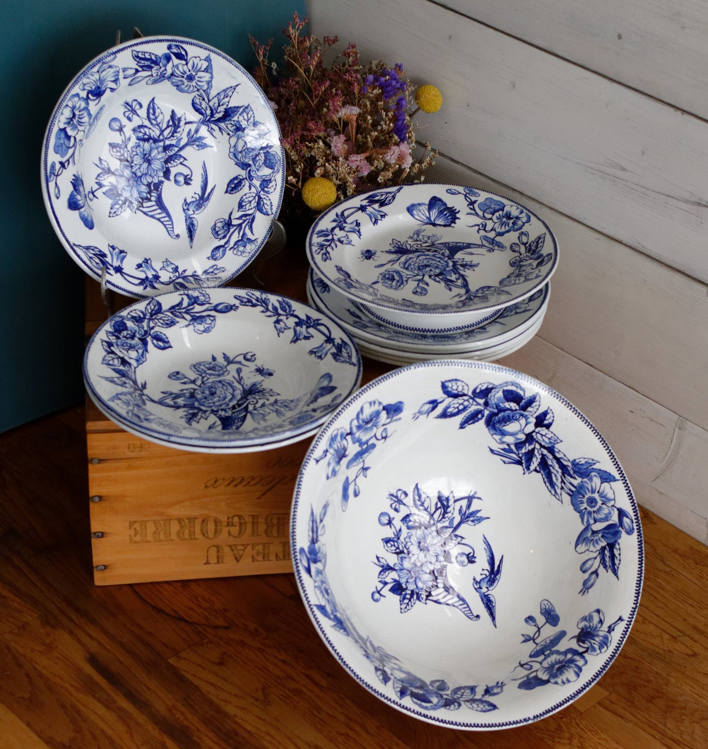 Sce ROUEN CHOISY LE ROI (HB & Cie) Terre de Fer French Antique Ironstone Blue Transferware Soup Plate Birds & Butterflies Faïence