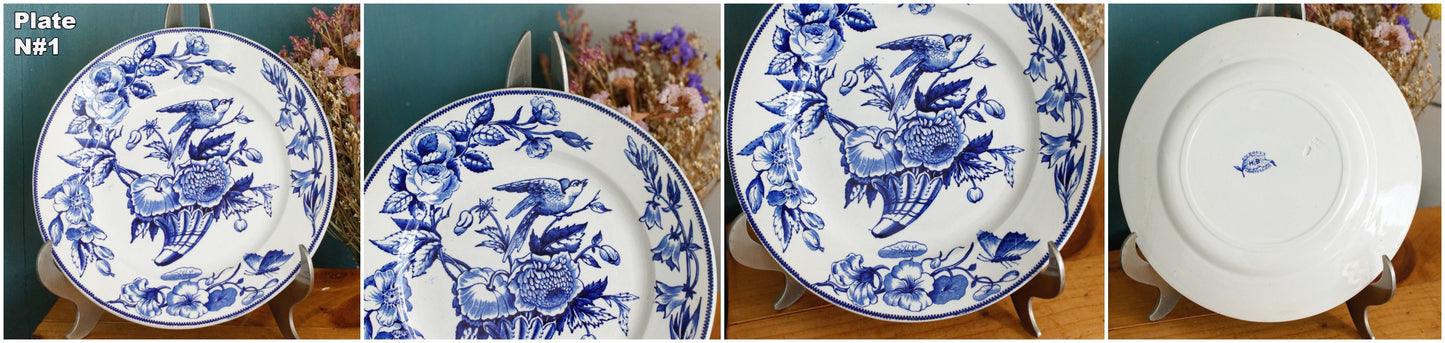 Sce ROUEN CHOISY LE ROI (HB & Cie) Terre de Fer French Antique Ironstone Blue Transferware Plate Birds & Butterflies Faïence