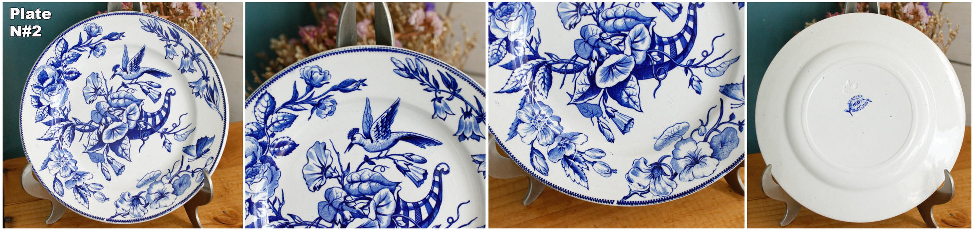 Sce ROUEN CHOISY LE ROI (HB & Cie) Terre de Fer French Antique Ironstone Blue Transferware Plate Birds & Butterflies Faïence