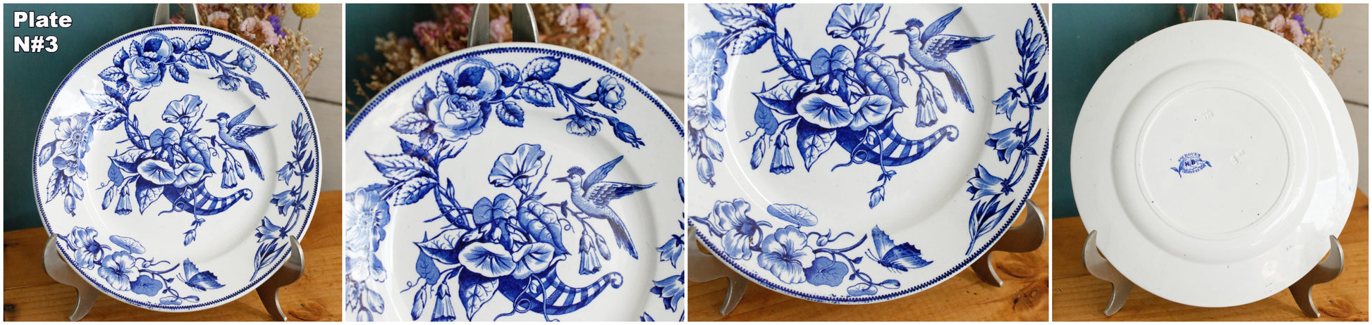 Sce ROUEN CHOISY LE ROI (HB & Cie) Terre de Fer French Antique Ironstone Blue Transferware Plate Birds & Butterflies Faïence