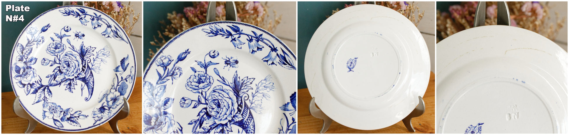 Sce ROUEN CHOISY LE ROI (HB & Cie) Terre de Fer French Antique Ironstone Blue Transferware Plate Birds & Butterflies Faïence