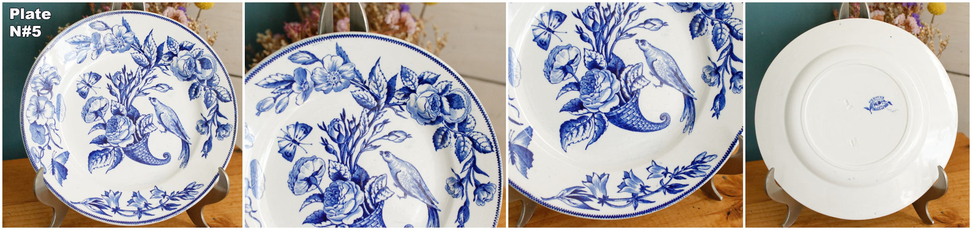 Sce ROUEN CHOISY LE ROI (HB & Cie) Terre de Fer French Antique Ironstone Blue Transferware Plate Birds & Butterflies Faïence